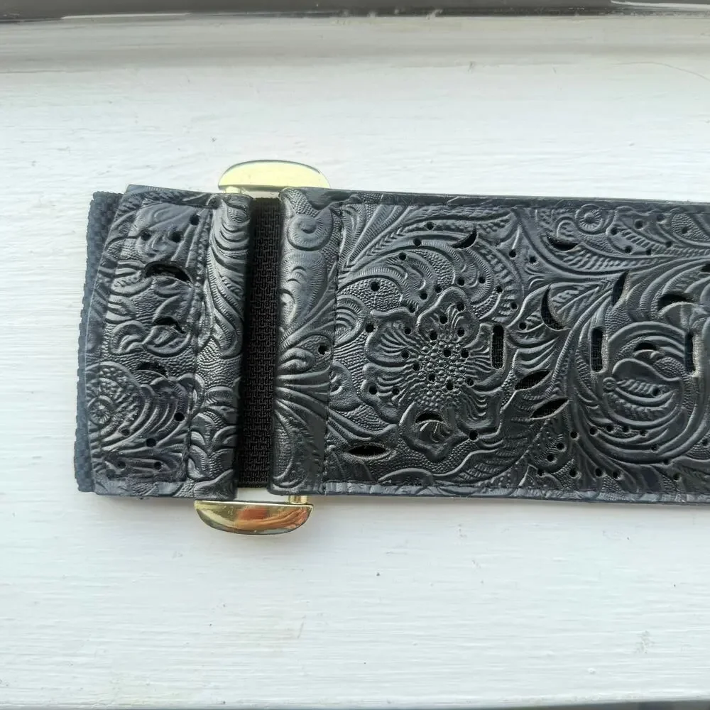 A|Wear Y2K Black Tooled Leather Stretch Waist Belt M/L Gold Buckle Western Boho